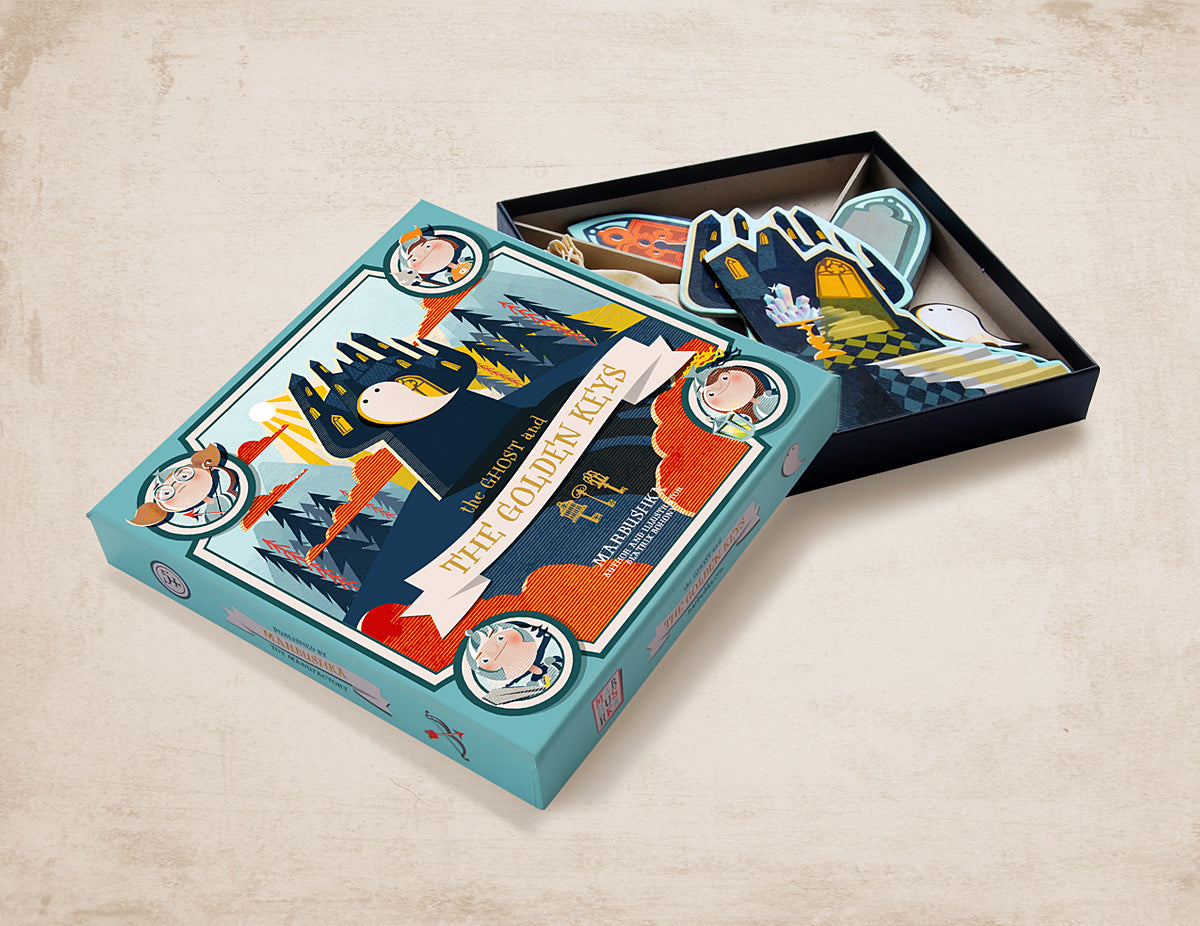 Ghost and golden keys board game for children: cover featuring a hgost and various golden keys for the castle